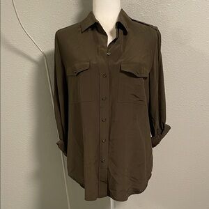 Vince 100% Silk Dark Olive Green Blouse